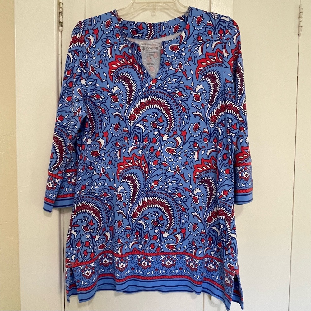 Coolibar UPF 50+ UV protection Blue and Red Paisley St Lucia Tunic top size M